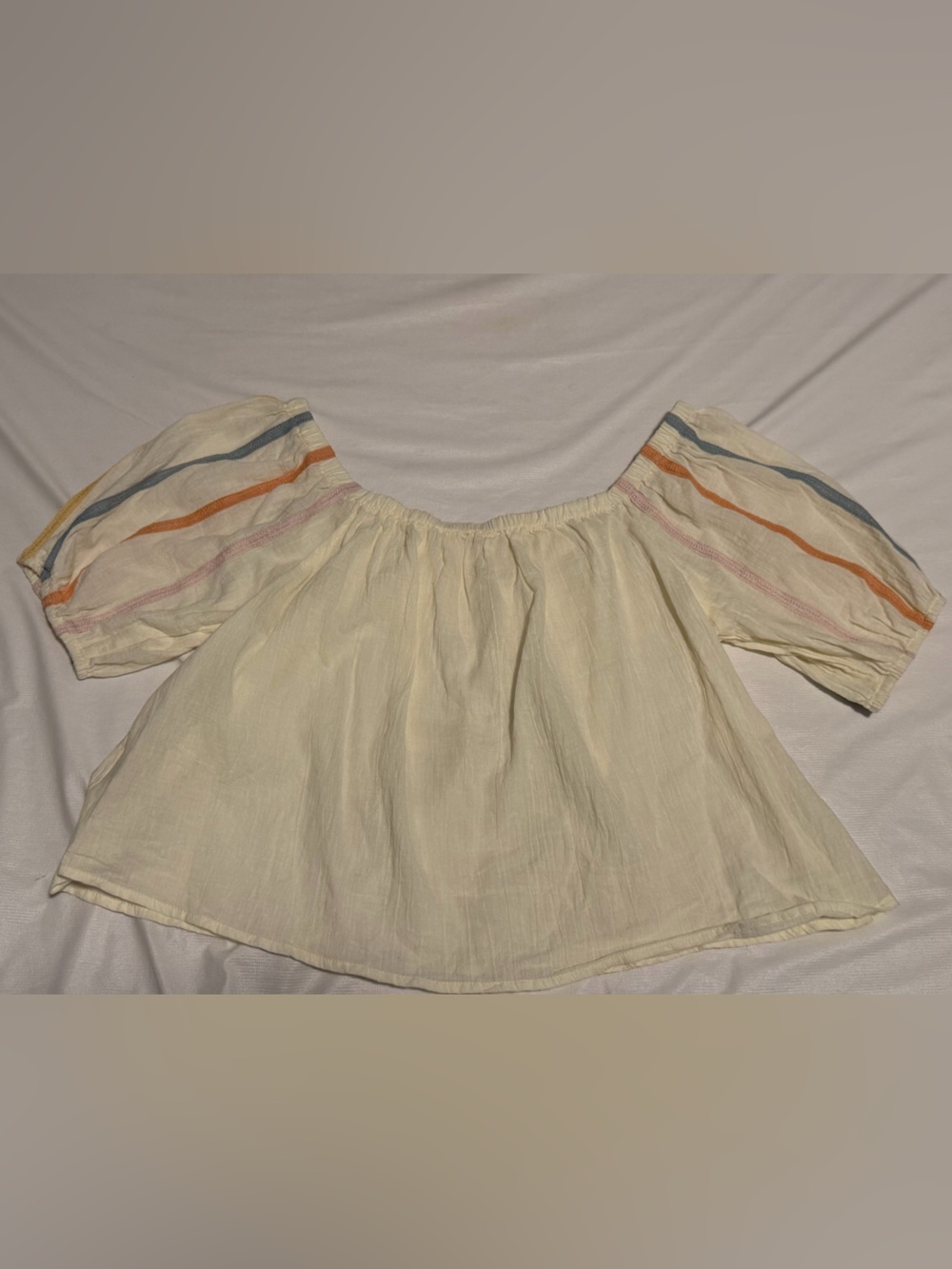Hem & Thread Cream Crop Top with Multicolor Sleeve Stripes NWOT